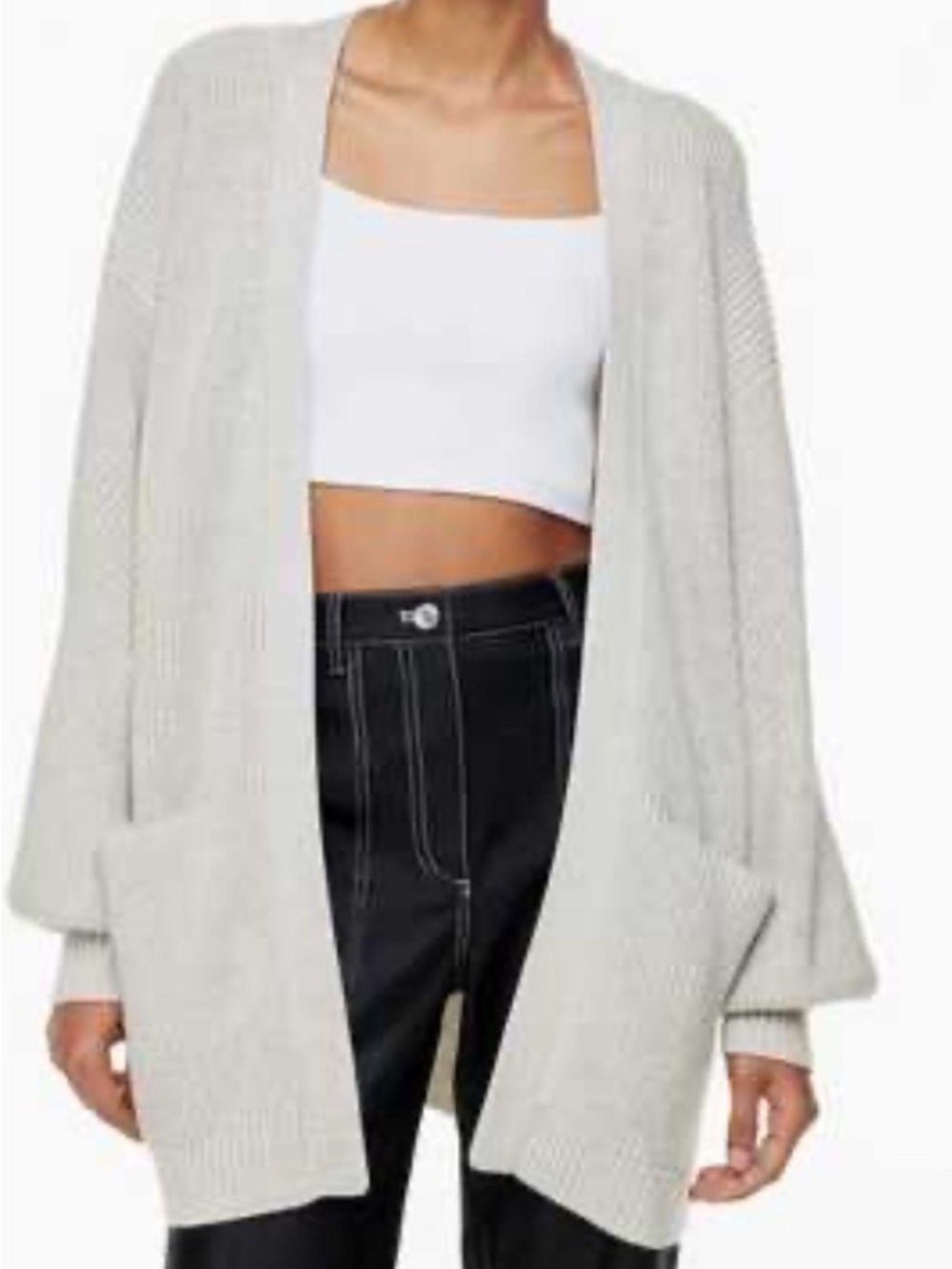 Wilfred Free 100% Merino Wool Knit Open Front Patch Pocket Cardigan Heather Grey